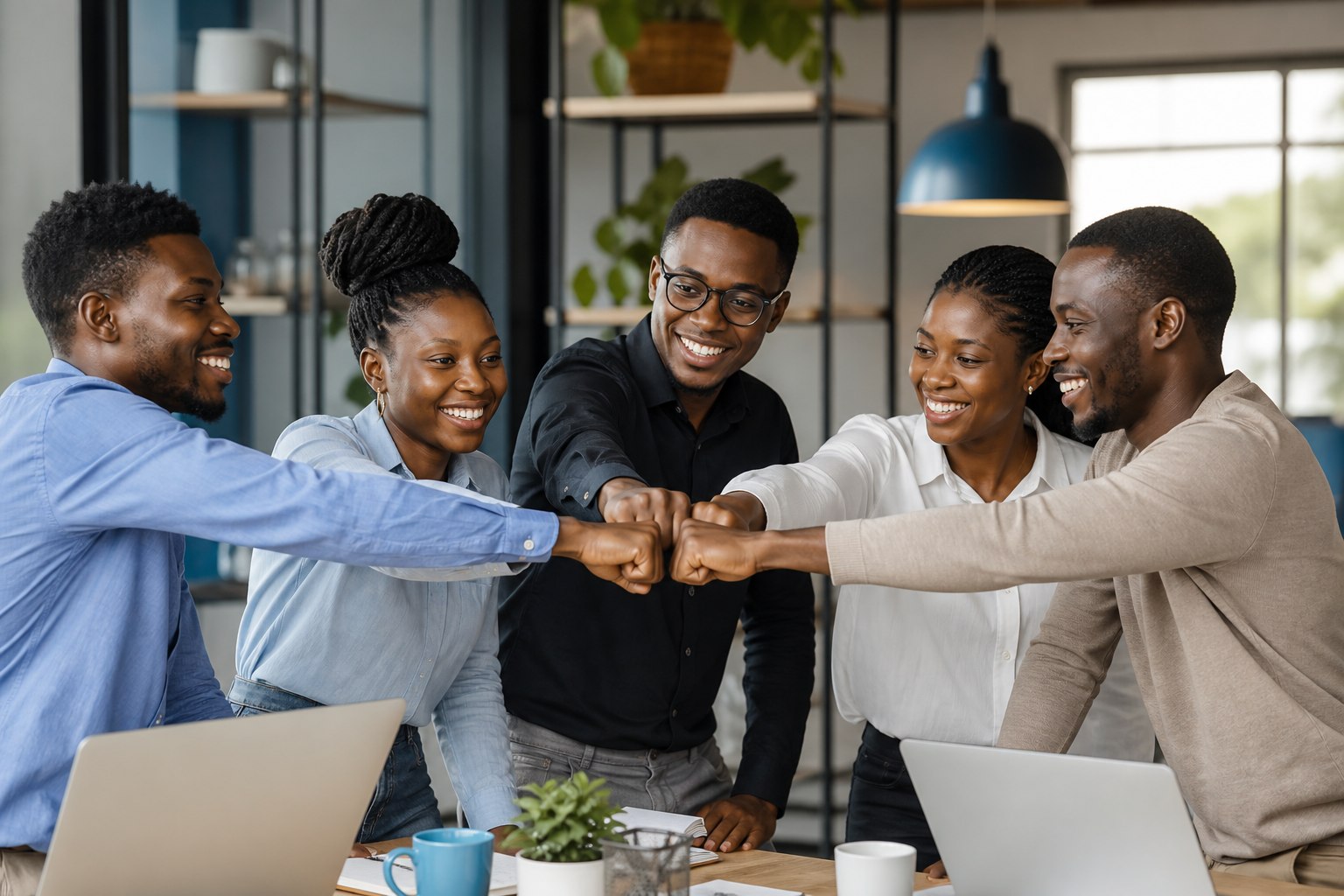 A cheerful Ghanaian team celebrating together in a modern workspace